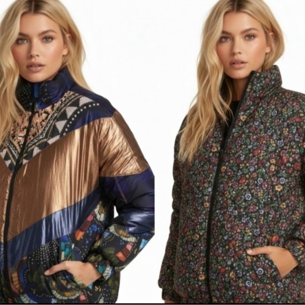 NWT without tags FARM Rio Reversible Metallic Bronze and Floral Puffer Jacket